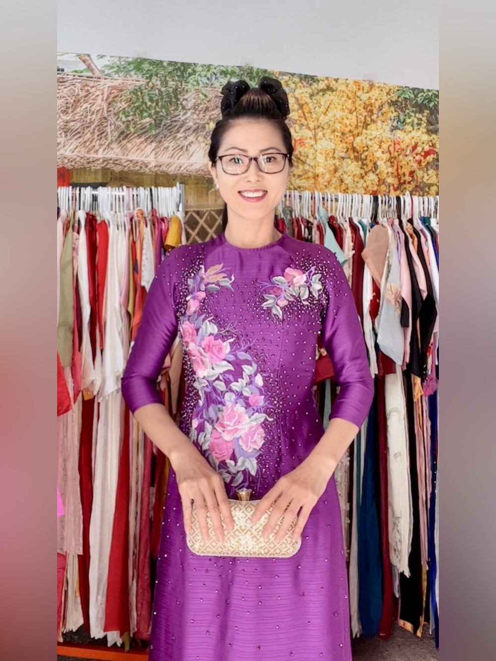 Ao dai tơ lụa ánh Nguyệt bộ, Vietnamese traditional long dress set m 2 purple 🎁